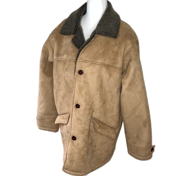 RFT Rainforest Mens Faux Sherpa Pockets Button Up Coat Beige/ Gray M - Picture 1 of 15